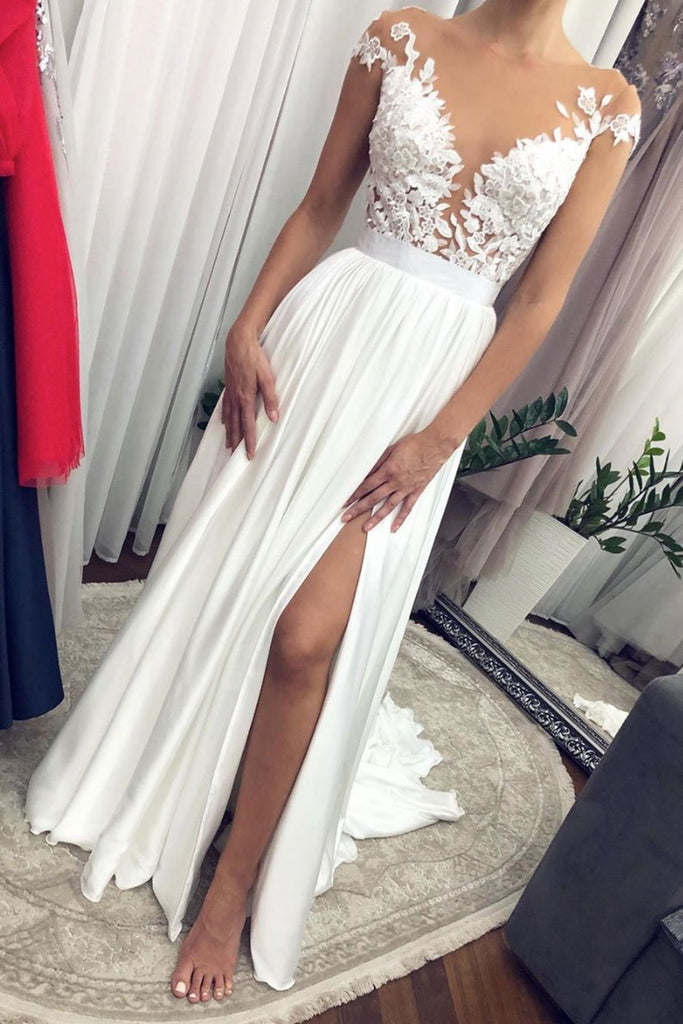 Round Neck Cap Sleeves Long White Lace Prom Dress with Slit, White Lace Formal Graduation Evening Dress