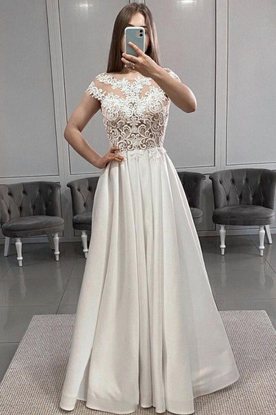 Round Neck Cap Sleeves White Lace Long Prom Dress with Slit, White Lace Formal Dress, White Evening Dress