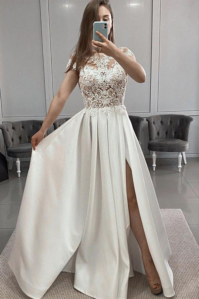 Round Neck Cap Sleeves White Lace Long Prom Dress with Slit, White Lac abcprom Round Neck Cap Sleeves White Lace Long Prom Dress with Slit, White Lac abcprom