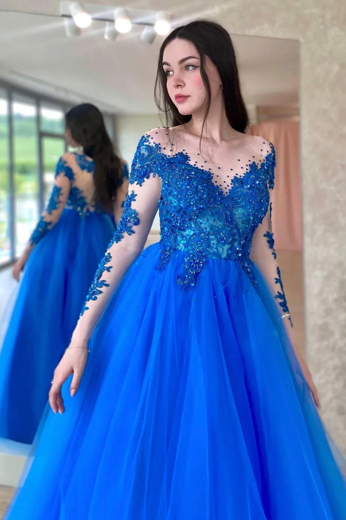 Round Neck Long Sleeves Beaded Blue Lace Long Prom Dress, Blue Lace Fo