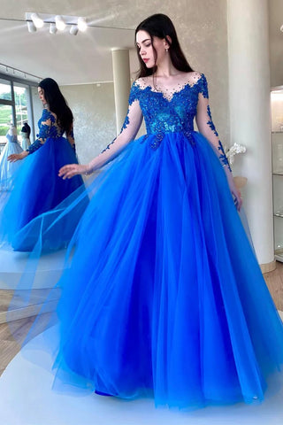 Round Neck Long Sleeves Beaded Blue Lace Long Prom Dress, Blue Lace Formal Dress, Blue Evening Dress A1763