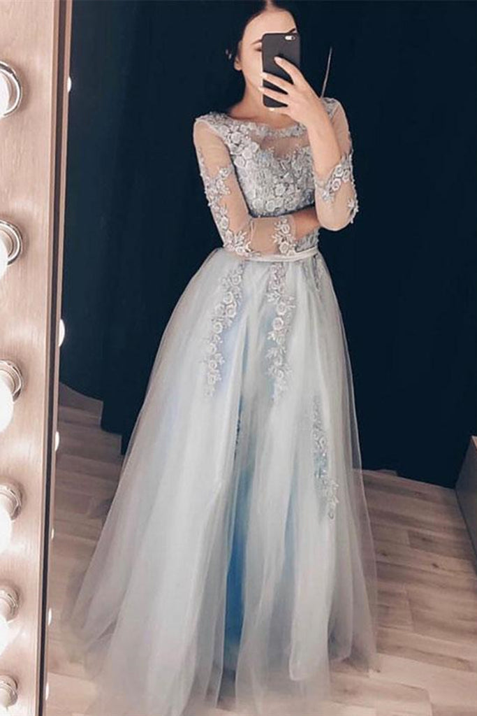 Round Neck Long Sleeves Grey Lace Floral Prom Dress, Long Sleeves Grey abcprom Round Neck Long Sleeves Grey Lace Floral Prom Dress, Long Sleeves Grey abcprom
