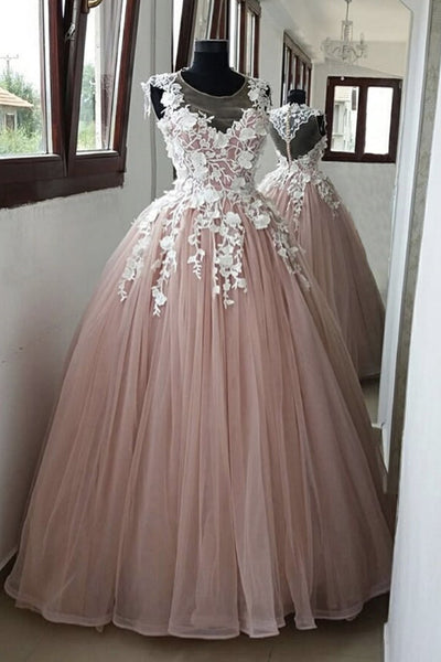 Round Neck Pink Lace Long Prom Gown, Long Pink Lace Prom Formal Evening Dress, Pink Ball Gown