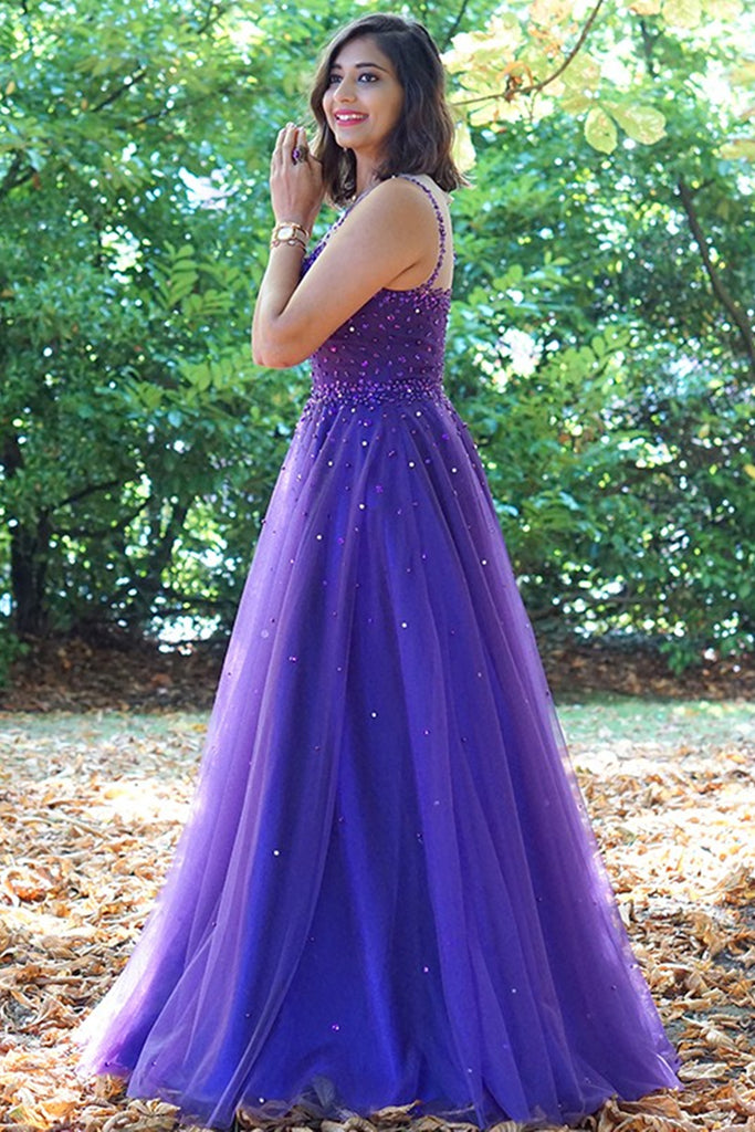 Purple Prom Dresses Macys Tulle Dress Round Neck Purple Tulle Beaded Long Prom Dresses, Purple Tulle Purple Prom Dresses Macys Tulle Dress Round Neck Purple Tulle Beaded Long Prom Dresses, Purple Tulle