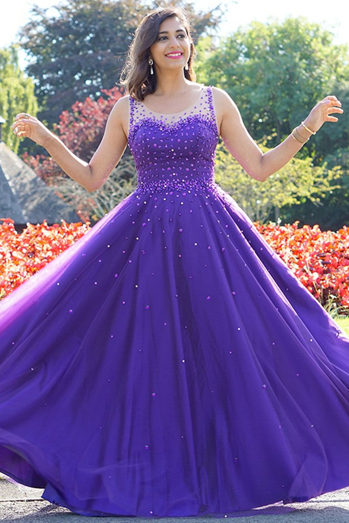 Round Neck Purple Tulle Beaded Long Prom Dresses, Purple Tulle Formal abcprom Round Neck Purple Tulle Beaded Long Prom Dresses, Purple Tulle Formal abcprom