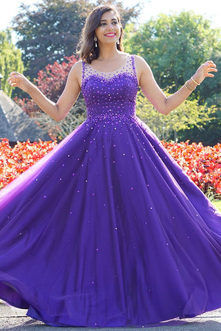 Round Neck Purple Tulle Beaded Long Prom Dresses, Purple Tulle Formal Evening Dresses with Beading A1435