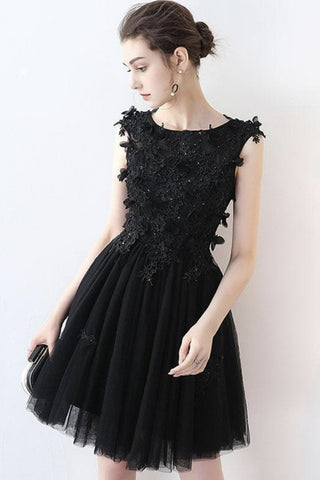 Round Neck Short Black Lace Prom Dress, Black Lace Formal Graduation Homecoming Dress, Black Cocktail Dress