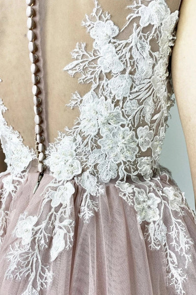 Round Neck Short Pink Lace Floral Prom Dress, Pink Lace Homecoming Dress, Pink Formal Evening Dress