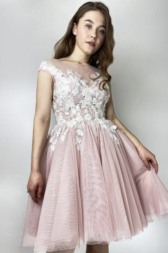 Round Neck Short Pink Lace Floral Prom Dress, Pink Lace Homecoming Dress, Pink Formal Evening Dress