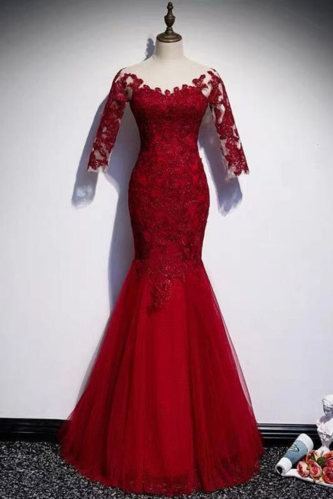 Round Neck Short Sleeves Mermaid Burgundy Lace Long Prom Dress, Mermai abcprom Round Neck Short Sleeves Mermaid Burgundy Lace Long Prom Dress, Mermai abcprom