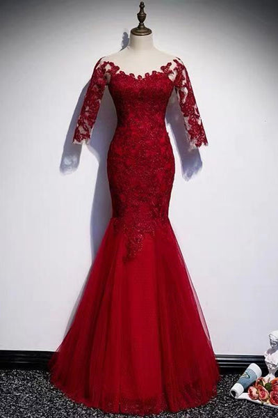 Round Neck Short Sleeves Mermaid Burgundy Lace Long Prom Dress, Mermaid Burgundy Lace Formal Dress, Wine Red Evening Dress