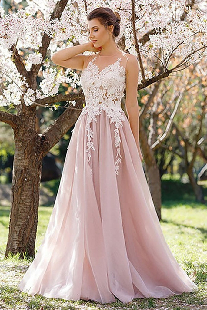 Round Neck White Lace Pink Long Prom Dresses, Pink Lace Formal Graduation Evening Dresses