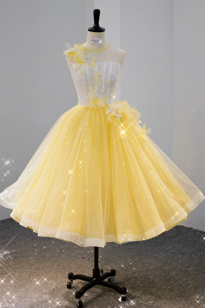 Round Neck Yellow Lace Tulle Prom Dress, Yellow Lace Short Homecoming abcprom Round Neck Yellow Lace Tulle Prom Dress, Yellow Lace Short Homecoming abcprom