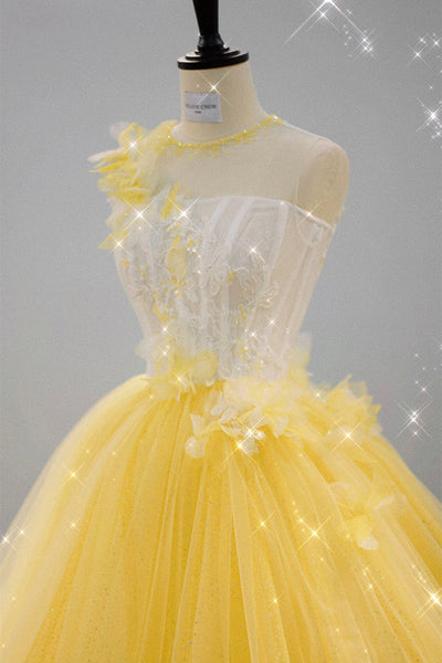 Round Neck Yellow Lace Tulle Prom Dress, Yellow Lace Short Homecoming Dress, Yellow Formal Graduation Evening Dress A1633