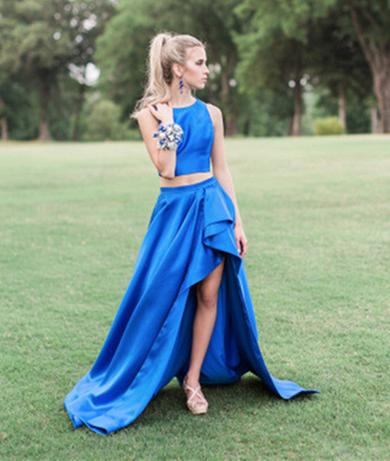 Round Neck 2 Pieces High Low Royal Blue Satin Long Prom Dress, Royal B abcprom Round Neck 2 Pieces High Low Royal Blue Satin Long Prom Dress, Royal B abcprom