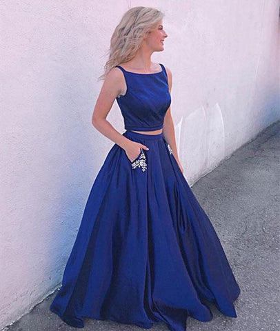 Round Neck 2 Pieces Royal Blue Satin Long Prom Dress with Pocket, Royal Blue Formal Dress, 2 Pieces Royal Blue Evening Dress