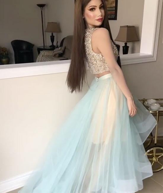 Round Neck 2 Pieces Sequins Tulle Green Long Prom Dress, 2 Pieces Gree abcprom Round Neck 2 Pieces Sequins Tulle Green Long Prom Dress, 2 Pieces Gree abcprom
