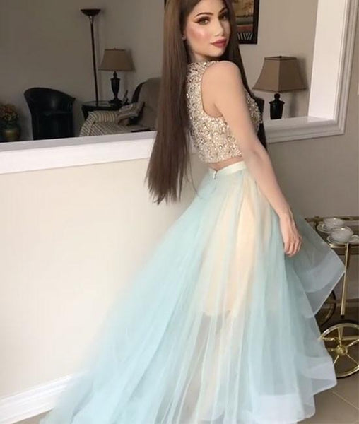 Round Neck 2 Pieces Sequins Tulle Green Long Prom Dress, 2 Pieces Green Formal Dress, Green Evening Dress