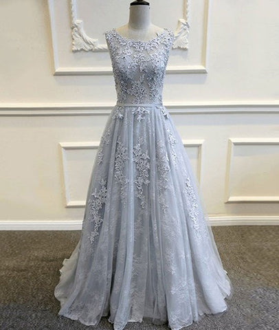Round Neck Appliques Vintage Tulle Lace Prom Dresses, Bridesmaid Dresses