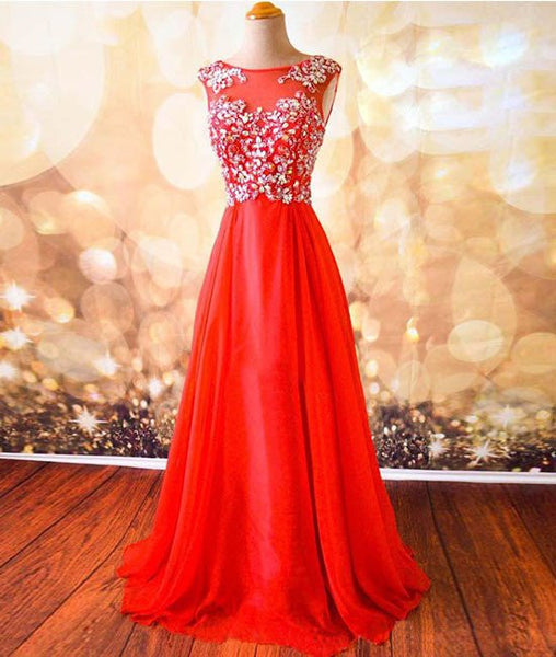 Round Neck Beaded Red Prom Dresses, Red Formal Dresses, Red Evening Dresses