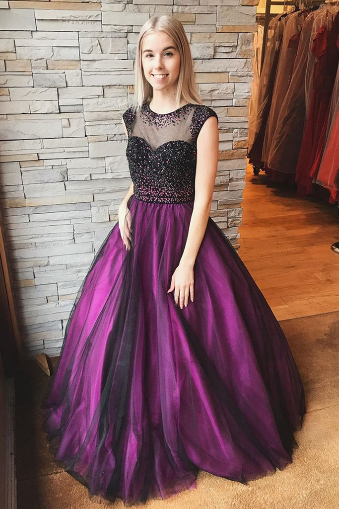 Round Neck Cap Sleeves Beaded Long Purple Prom Dress, Cap Sleeves Purple Formal Dress, Purple Evening Dress