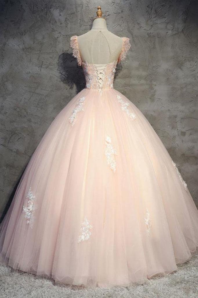 Round Neck Cap Sleeves Lace Pink Long Prom Dress, Pink Lace Formal Dre