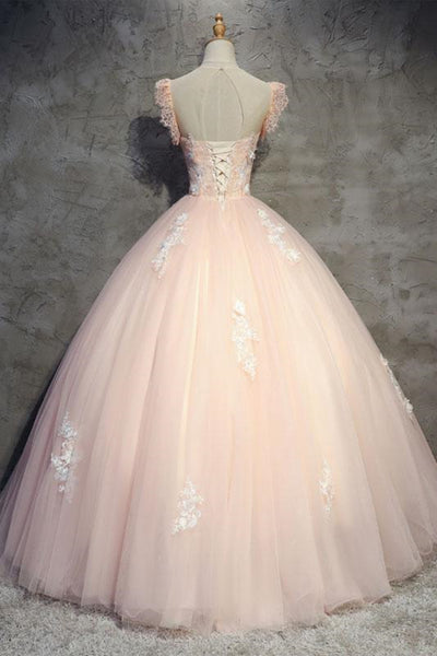 Round Neck Cap Sleeves Lace Pink Long Prom Dress, Pink Lace Formal Dress, Pink Evening Dress, Ball Gown
