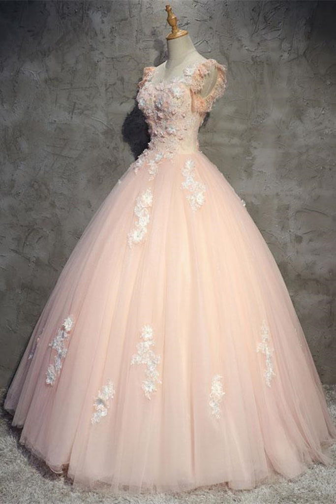 Round Neck Cap Sleeves Lace Pink Long Prom Dress, Pink Lace Formal Dre   abcprom