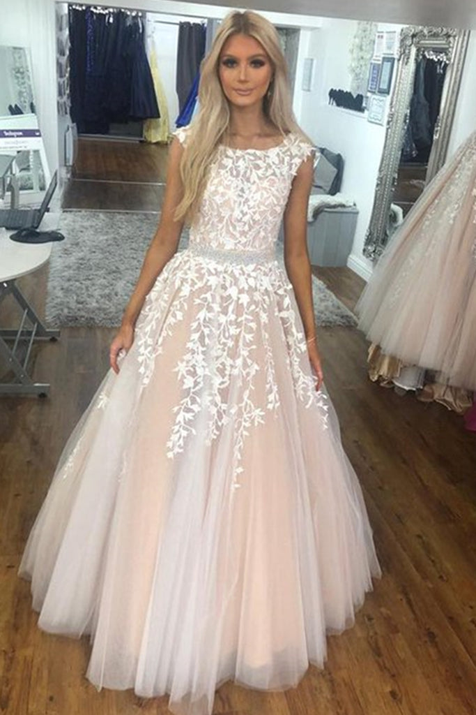 Round Neck Cap Sleeves White Lace Champagne Long Prom Dress, Cap Sleev abcprom Round Neck Cap Sleeves White Lace Champagne Long Prom Dress, Cap Sleev abcprom