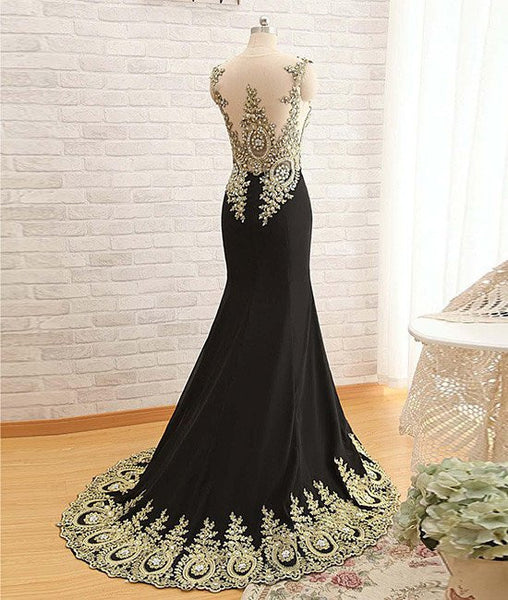 Round Neck Lace Applique Black Prom Dresses, Lace Black Formal Dresses