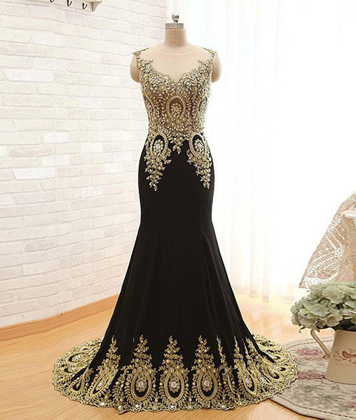 Round Neck Lace Applique Black Prom Dresses, Lace Black Formal Dresses