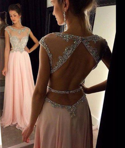 Round Neck Open Back Sequins Pink Prom Dresses, Pink Formal Dresses