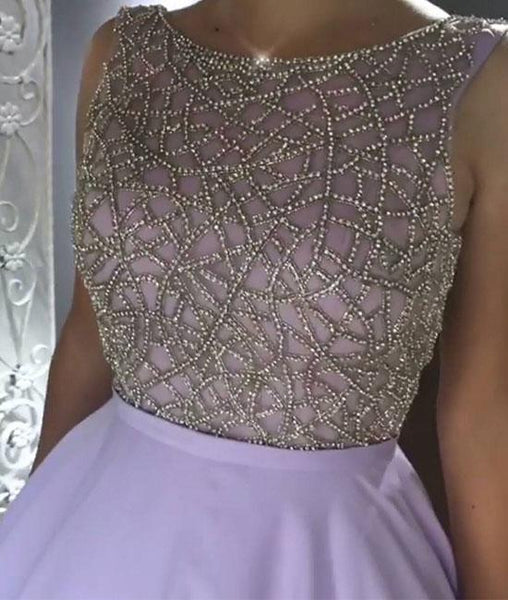 Round Neck Purple Satin long Prom Dress With Beads, Purple Prom Gown, Purple Evening Dress