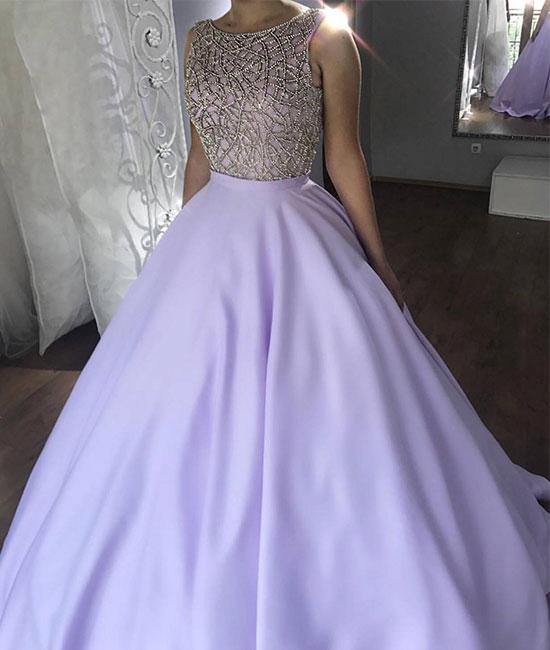 Round Neck Purple Satin long Prom Dress With Beads, Purple Prom Gown, Purple Evening Dress