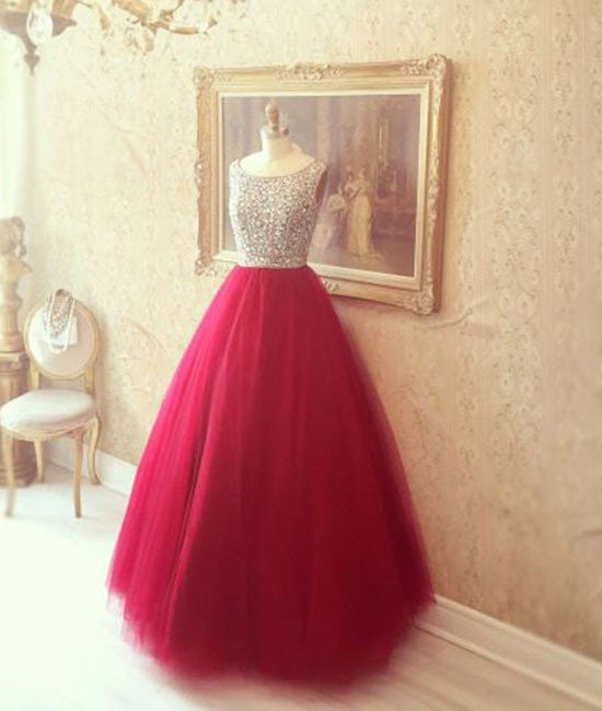 Round Neck Red Prom Dresses, Red Evening Dresses, Red Long Dresses