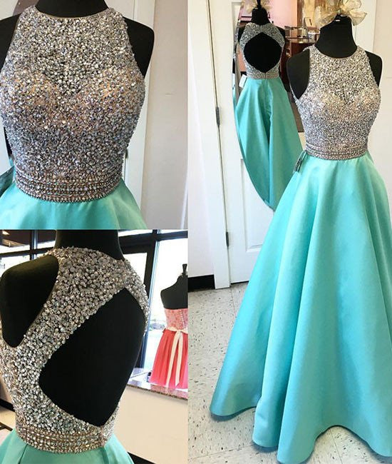 Round Neck Sequin Open Back Green Prom Dresses, Evening Dresses