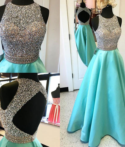 Round Neck Sequin Open Back Green Prom Dresses, Evening Dresses