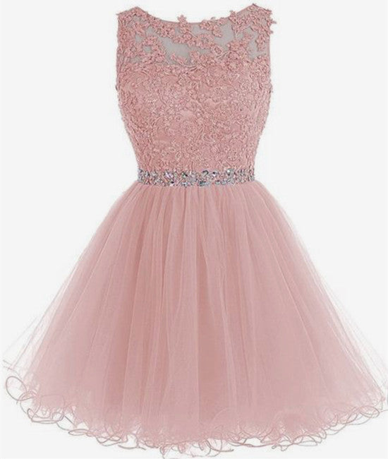 Round Neck Short Pink Prom Dresses, Pink Homecoming Dresses, Short Pink Formal Dresses