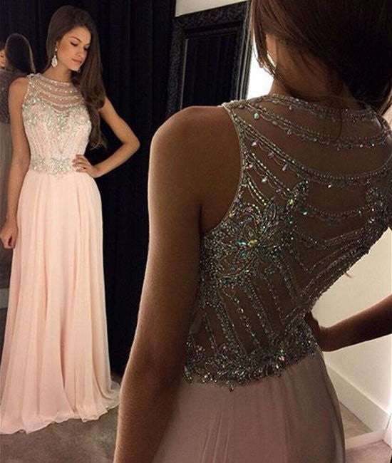 Round Neck Sleeveless Sequins Pink Prom Dresses, Pink Formal Dresses