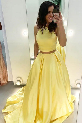 Round Neck Two Pieces Yellow Satin Long Prom Dress with Pockets, Two Pieces Yellow Formal Dress, Yellow Evening Dress