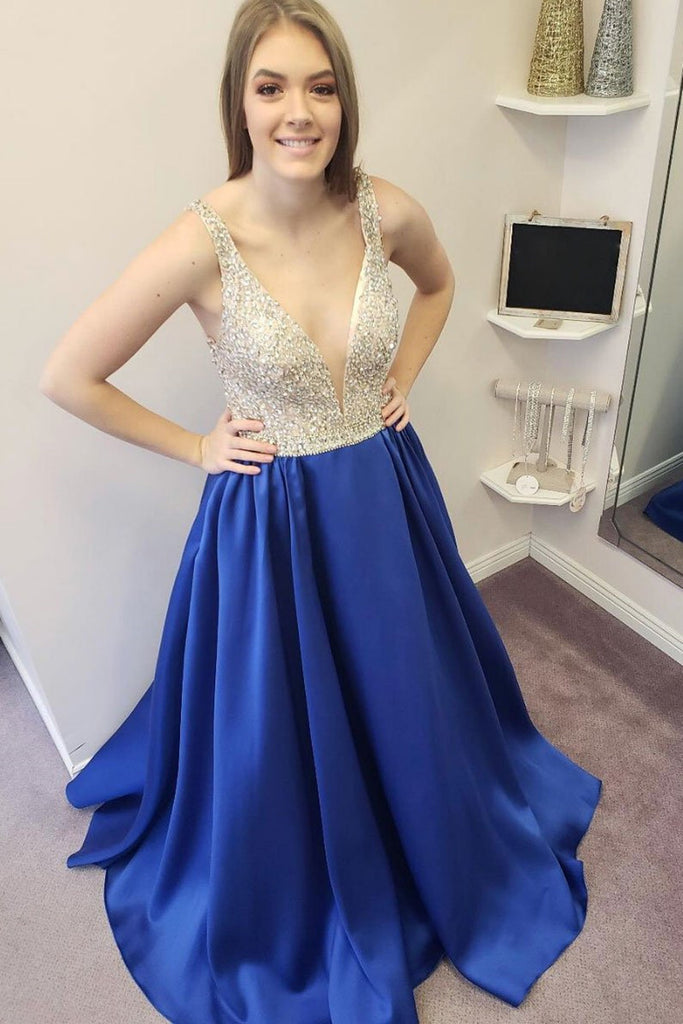Royal Blue V Neck Beaded Satin Long Prom Dresses, Royal Blue Formal Dr abcprom Royal Blue V Neck Beaded Satin Long Prom Dresses, Royal Blue Formal Dr abcprom