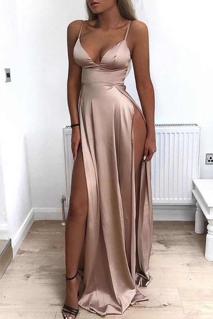 Sexy Champagne Satin Long Prom Dress with Double Split, Champagne Formal Graduation Evening Dress