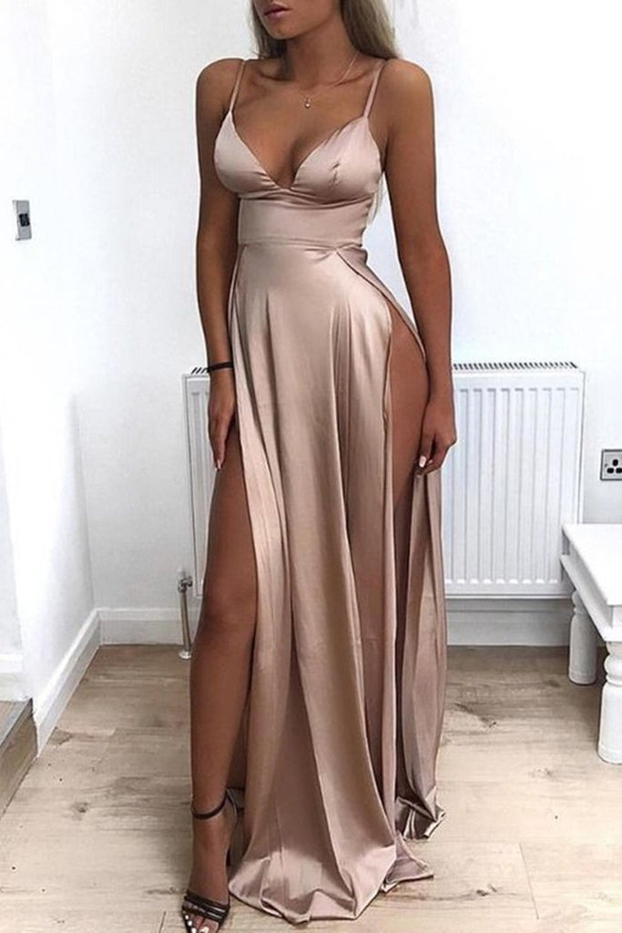 Sexy Champagne Satin Long Prom Dress with Double Split, Champagne Form abcprom Sexy Champagne Satin Long Prom Dress with Double Split, Champagne Form abcprom