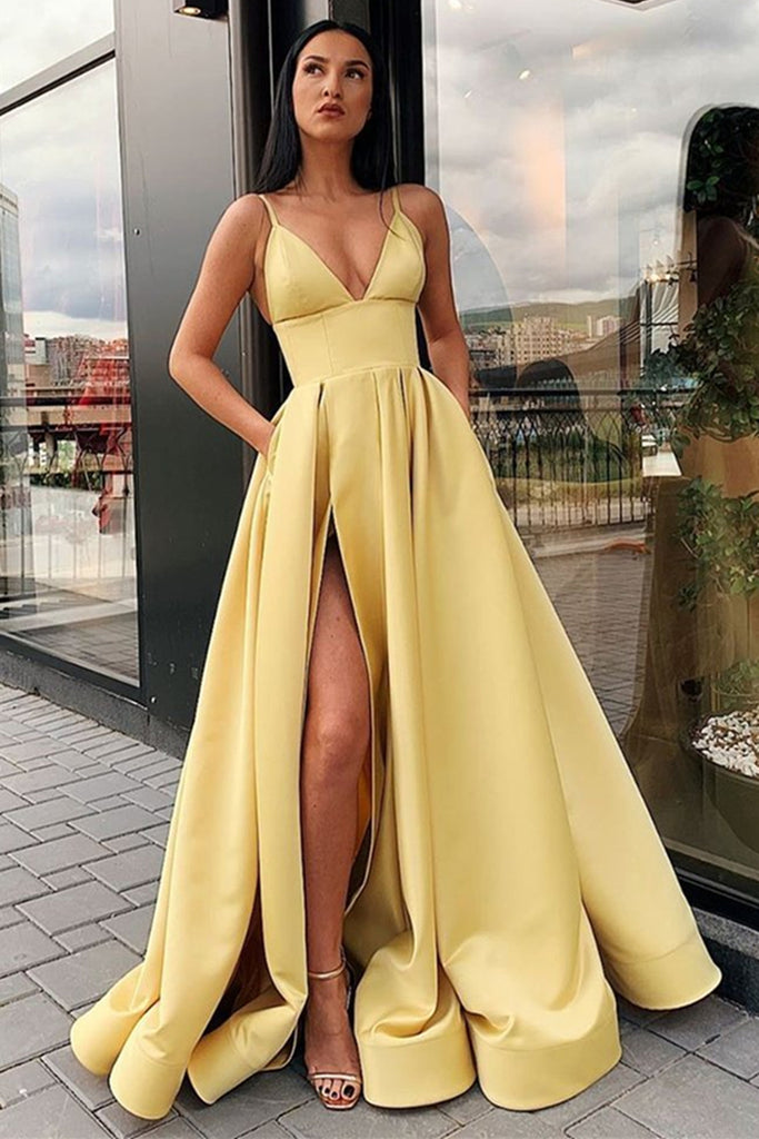Sexy V Neck Emerald Green Yellow Long Prom Dress with High Split, Emerald Green Yellow Formal Graduation Evening Dress Sexy V Neck Emerald Green Yellow Long Prom Dress with High Split, Emerald Green Yellow Formal Graduation Evening Dress