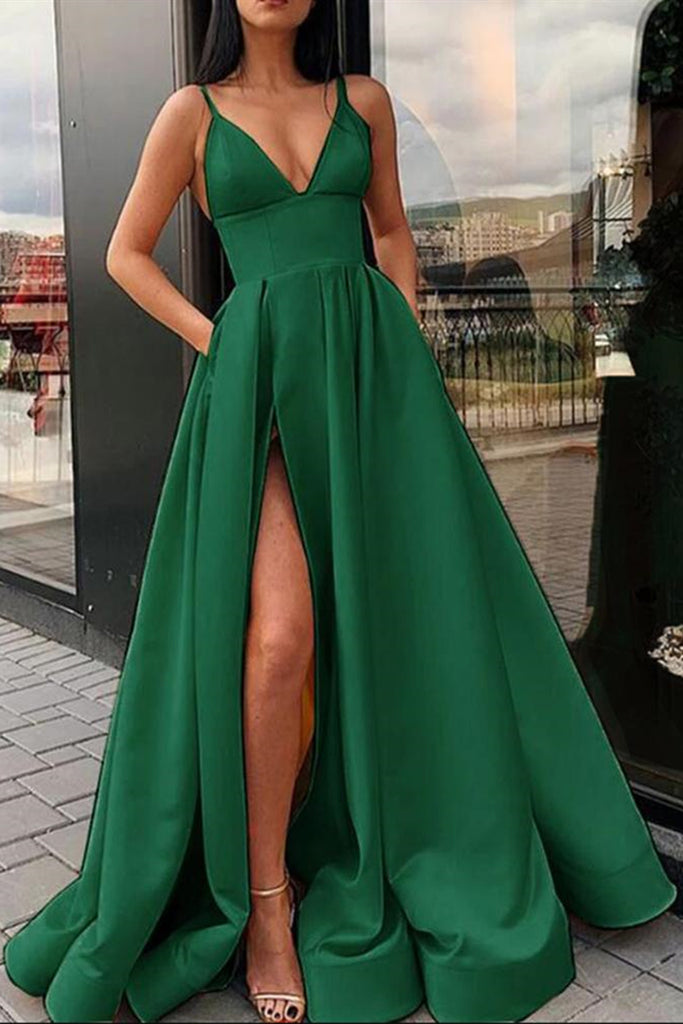 Sexy V Neck Emerald Green Yellow Long Prom Dress with High Split, Emerald Green Yellow Formal Graduation Evening Dress