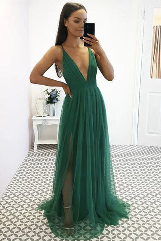 Sexy V Neck Green Tulle Long Prom Dress V Neck Green Formal Dress Gr abcprom