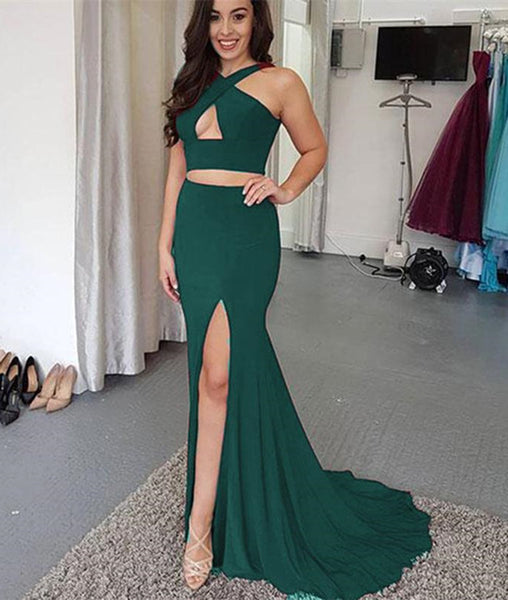 Sexy 2 Pieces Mermaid Black/Green Side Slit Prom Dresses, Mermaid Formal Dresses, Evening Dresses