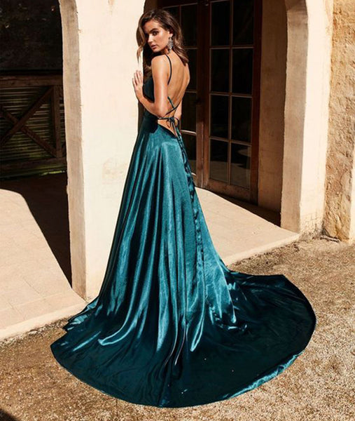 Sexy A Line Backless Dark Green Long Prom Dresses with High Slit, Dark Green Formal Dresses, Evening Dresses