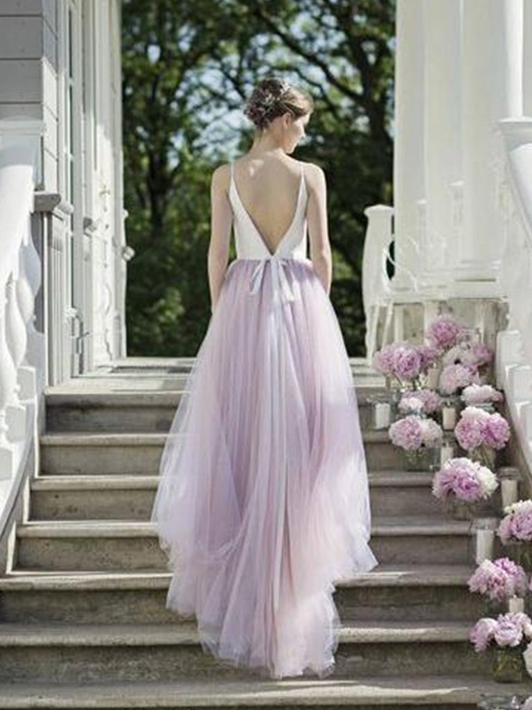 Sexy A Line Spaghetti Straps Open Back White Top Purple Prom Dresses abcprom