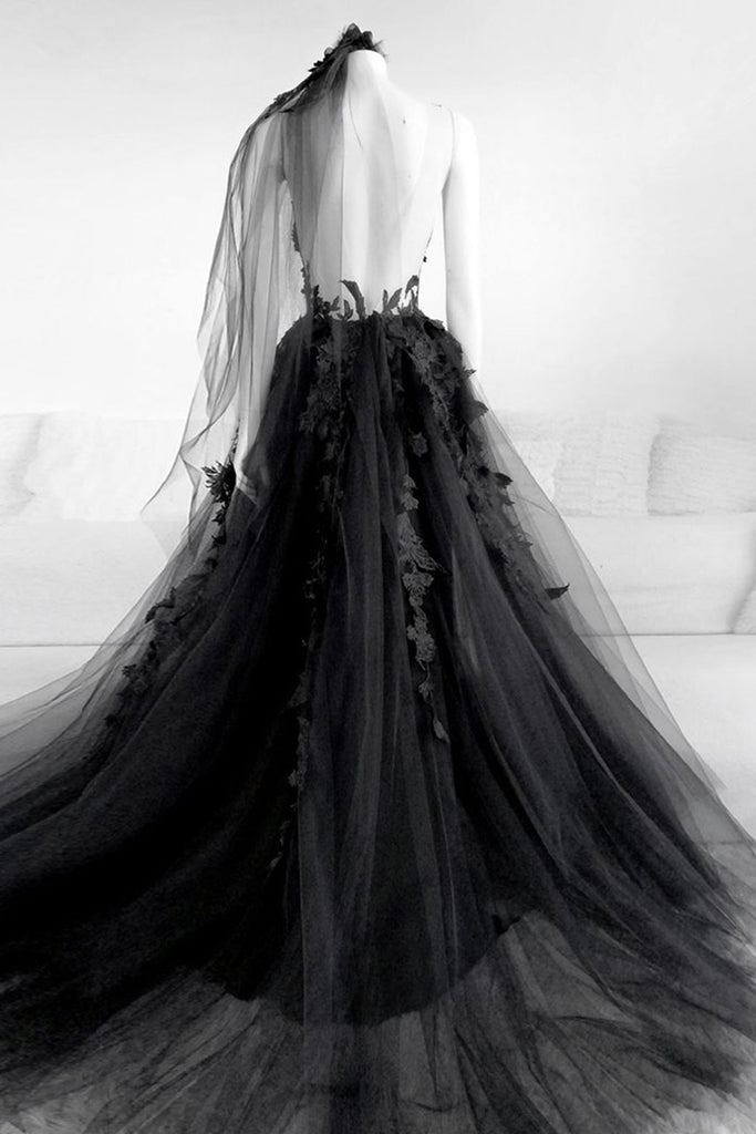 Sexy Backless Appliques Black Lace Long Prom Dress, Black Lace Formal abcprom Sexy Backless Appliques Black Lace Long Prom Dress, Black Lace Formal abcprom